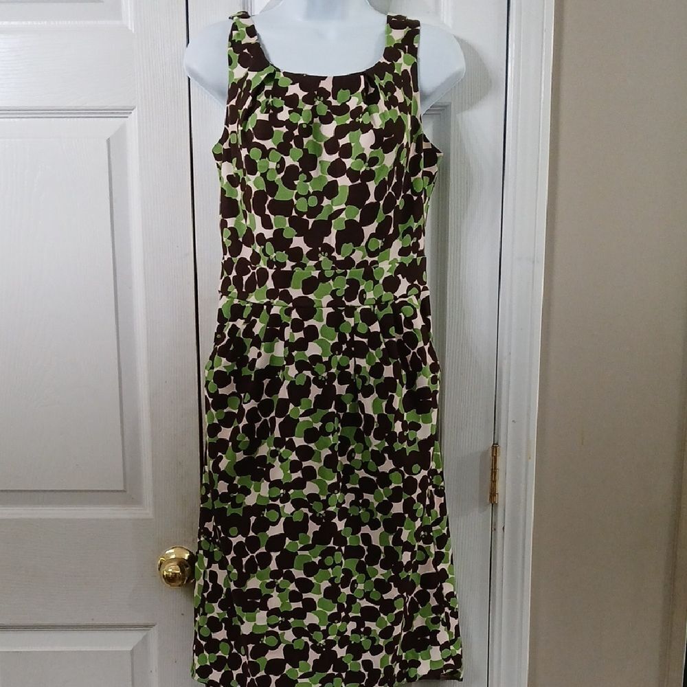 Sangria green brown  cream sleeveless pleated front dress with pockets Sz 6 EUC